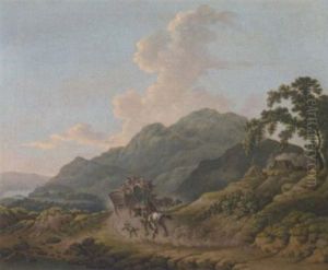 A Coach Passing Charcoal Burners In A Lake Landscape by Julius Caesar Ibbetson