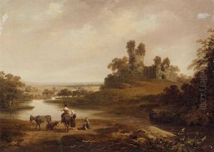 A River Landscape With Wayfarers And Their Donkeys In The Foreground, A Ruined Castle On A Bluff by Julius Caesar Ibbetson