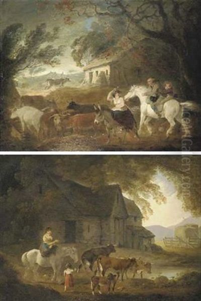 A Farmyard With Cattle, And A Woman On Horseback With A Child - view 1