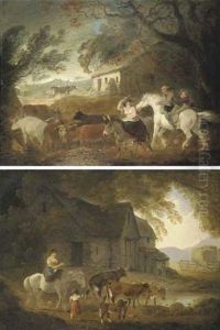 A Farmyard With Cattle, And A Woman On Horseback With A Child by Julius Caesar Ibbetson