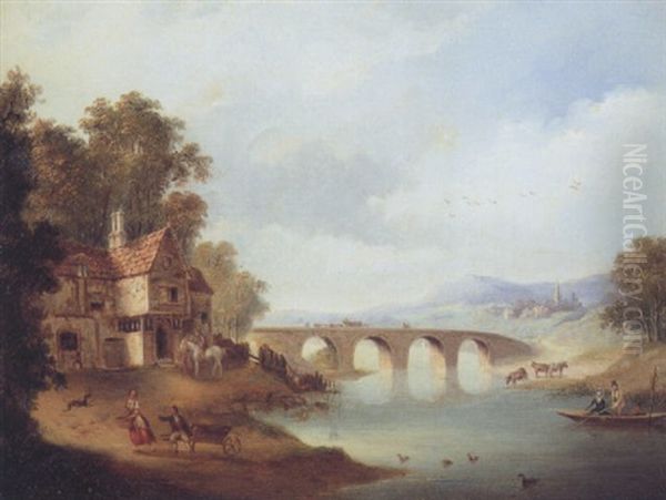 River Landscape With Figures Fishing On A Bridge, An Inn On The Bank - view 1