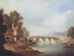River Landscape With Figures Fishing On A Bridge, An Inn On The Bank by Julius Caesar Ibbetson