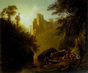 A Moonlit River Scene With Gypsy Figures Cooking In The Foreground And A Ruined Castle Beyond