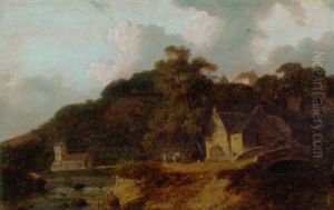 A Horse And Cart By A Watermill In A Wooded Landscape, A Church Beyond