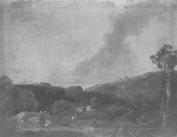 A Hilly Landscape With Peasants On A Path And A Village Beyond - view 1