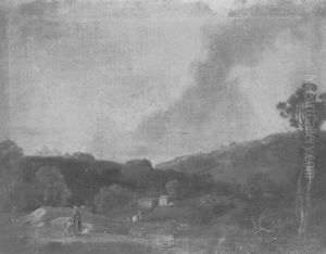 A Hilly Landscape With Peasants On A Path And A Village Beyond by Julius Caesar Ibbetson