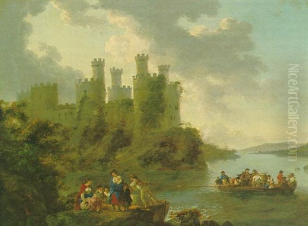 Conwy Castle With Figures And A Ferry In The Foreground - view 1