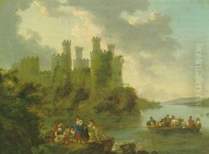 Conwy Castle With Figures And A Ferry In The Foreground