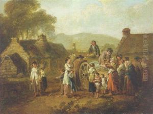 Peasants Gathered At A Fishmonger's Cart In A Village by Julius Caesar Ibbetson