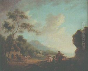 A Rocky Wooded Lakeside Landscape With Horse Drawn Cart & A Woman Milking Cattle by Julius Caesar Ibbetson