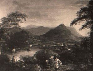 An Extensive Mountainous Lake Landscape With Figures In The Foreground by Julius Caesar Ibbetson