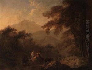 The Rydal Valley, With Figures In A Cart Descending A Wooded Path by Julius Caesar Ibbetson