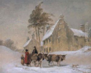 Vinterlandskap Med Familj Vid Byggnad Vinterlandskap Med Familj Vid Byggnad