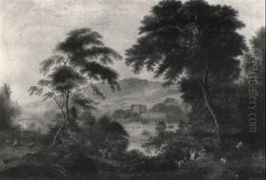 Figures In An Extensive Landscape With Ruins Beyond by Julius Caesar Ibbetson