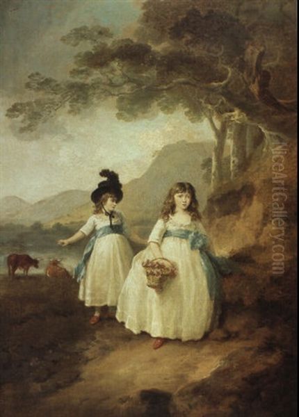 A Landscape With Two Girls Walking In The Vale Of Llangollen - view 1
