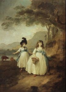 A Landscape With Two Girls Walking In The Vale Of Llangollen by Julius Caesar Ibbetson
