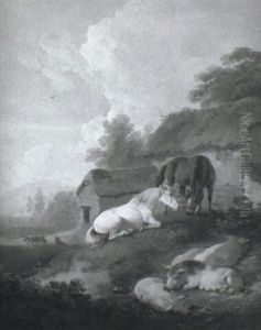 Horses And Pigs Resting In A Landscape With Barns Beyond by Julius Caesar Ibbetson
