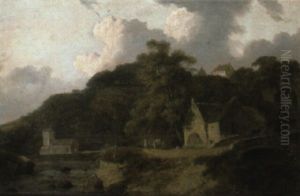 Watermill In A Hilly Wooded Landscape by Julius Caesar Ibbetson
