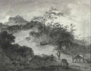 Figures And Donkeys Resting In A Landscape by Julius Caesar Ibbetson