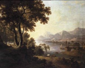 Italianate Landscape With Figures And Cattle By A Lake by Julius Caesar Ibbetson