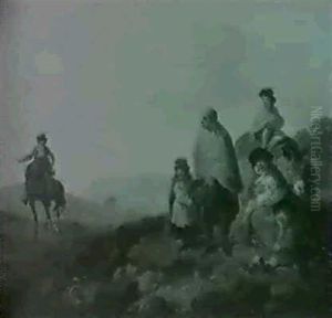 Country Folk Resting On A Hill, A Man On A Bay Horse Beyond