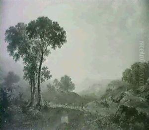 Travellers Crossing A Bridge, An Extensive Landscape Beyond Travellers Crossing A Bridge, An Extensive Landscape Beyond