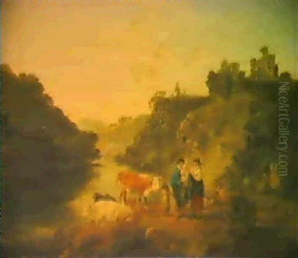 Figures And Cattle By Cilgerran Castle By The River         Teifi, Pembrokeshire - view 1