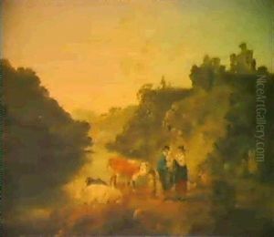 Figures And Cattle By Cilgerran Castle By The River Teifi, Pembrokeshire by Julius Caesar Ibbetson