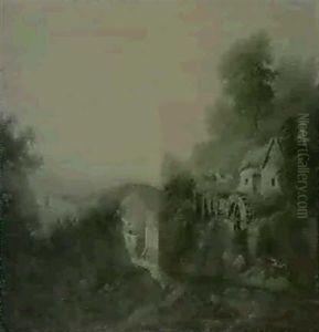 Figures By A Mill, An Extensive Landscape Beyond by Julius Caesar Ibbetson