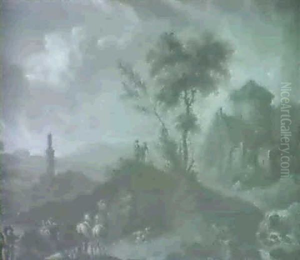Travellers With A Horse And Cart In An Italianate           Landscape With Cliff Top Building, & Others - view 1