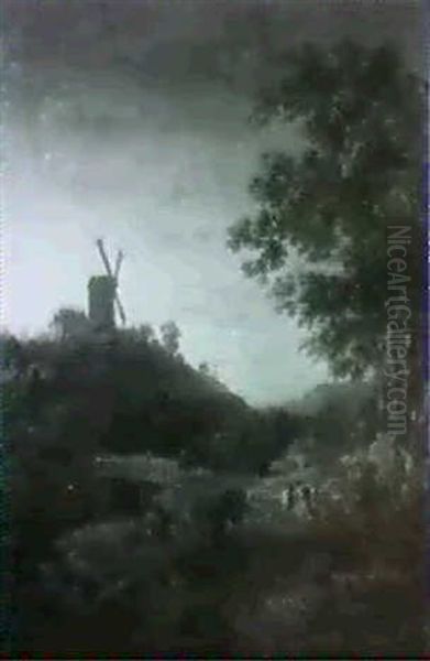 A Wooded Landscape With Travellers By A Bridge, A           Windmill Beyond - view 1