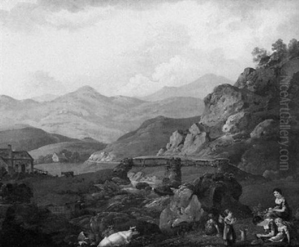 Mountainous River Landscape With Figures And Cattle Resting By A Bridge - view 1