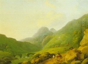 Mountainous River Landscape With A Drover With A Cattle And Sheep By A Bridge by Julius Caesar Ibbetson