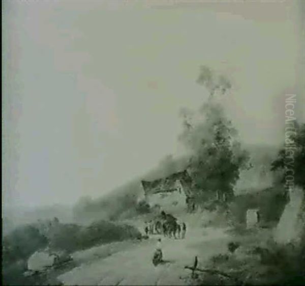 Figures With A Horse And Cart, Before Cottages, In A Wooded Landscape - view 1