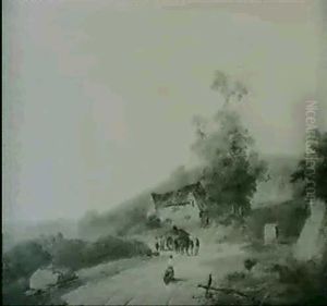 Figures With A Horse And Cart, Before Cottages, In A Wooded Landscape by Julius Caesar Ibbetson
