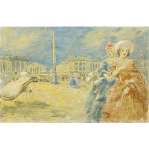 Elegantes Devant La Place De La Concorde / Elegant Parisiennes In The Concorde Square by Louis Icart