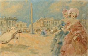 Elegantes Devant La Place De La Concorde by Louis Icart