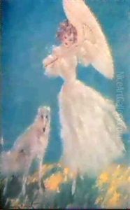 L'heure Du Bain Depicting A Young Woman In Flowing, Diaphanous Dress Holding A Parasol & Attendant by Louis Icart