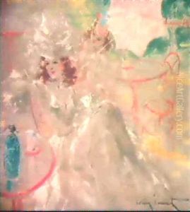 Aux Jardins De Montmartre Depicting Two Ladies Seated In An Outdoor Cafe by Louis Icart