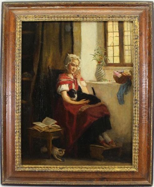 A Young Girl Seated With Two Cats Near A Window - view 1