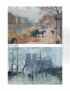 Loading Carts On The Banks Of The Seine, Paris (+ Walking In The Rain Before Notre Dame, Paris; Pair) by Charles Andre Igounet de Villers