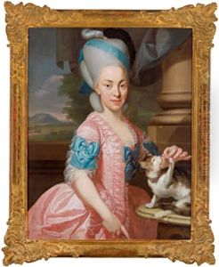 Bildnis Einer Dame In Einer Rosafarbenen Robe Mit Blauen Bandern, Ein Katzchen Futternd