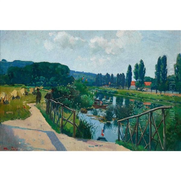 Sommerliche Flusslandschaft Mit Anglern - view 1