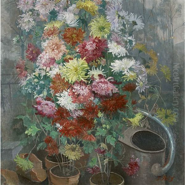 Stilleben Mit Prachtigen Dahlien Und Giesskanne - view 1