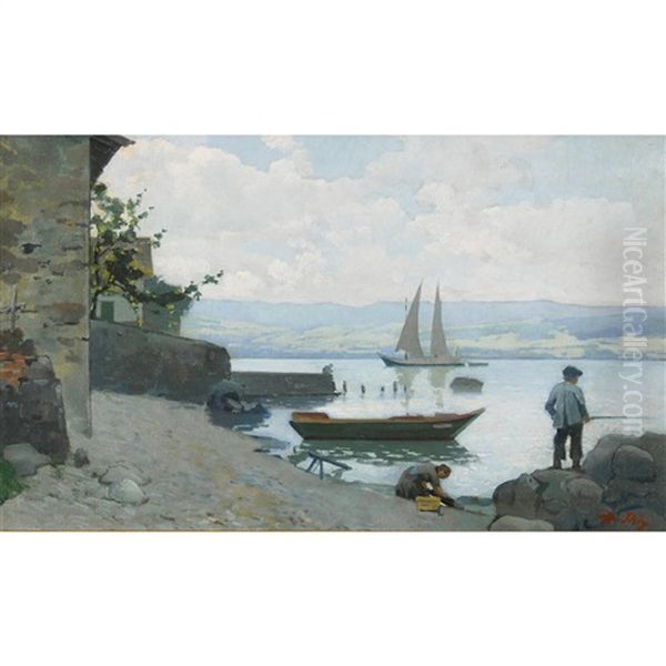 Uferpartie Bei Nernier Mit Wascherin Und Angler - view 1
