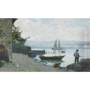 Uferpartie Bei Nernier Mit Wascherin Und Angler by Jean Daniel Ihly