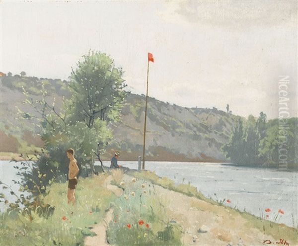 Sommerliche Uferpartie Mit Badendem Und Anglerin - view 1