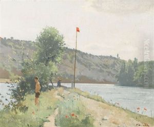 Sommerliche Uferpartie Mit Badendem Und Anglerin by Jean Daniel Ihly
