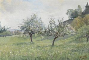 Fruhlingswiese Mit Bluhenden Baumen