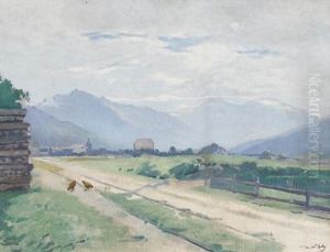 Landliche Wegpartie Mit Huhnern Und Gebirgsansicht